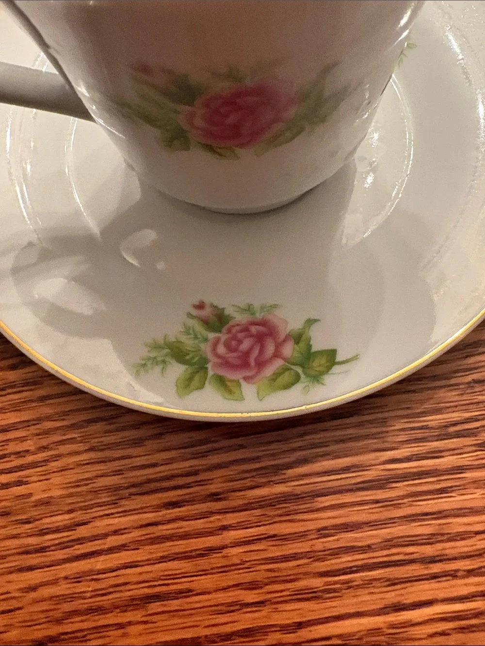 Floral Rose Tea Cups with Saucers - Pink and Green